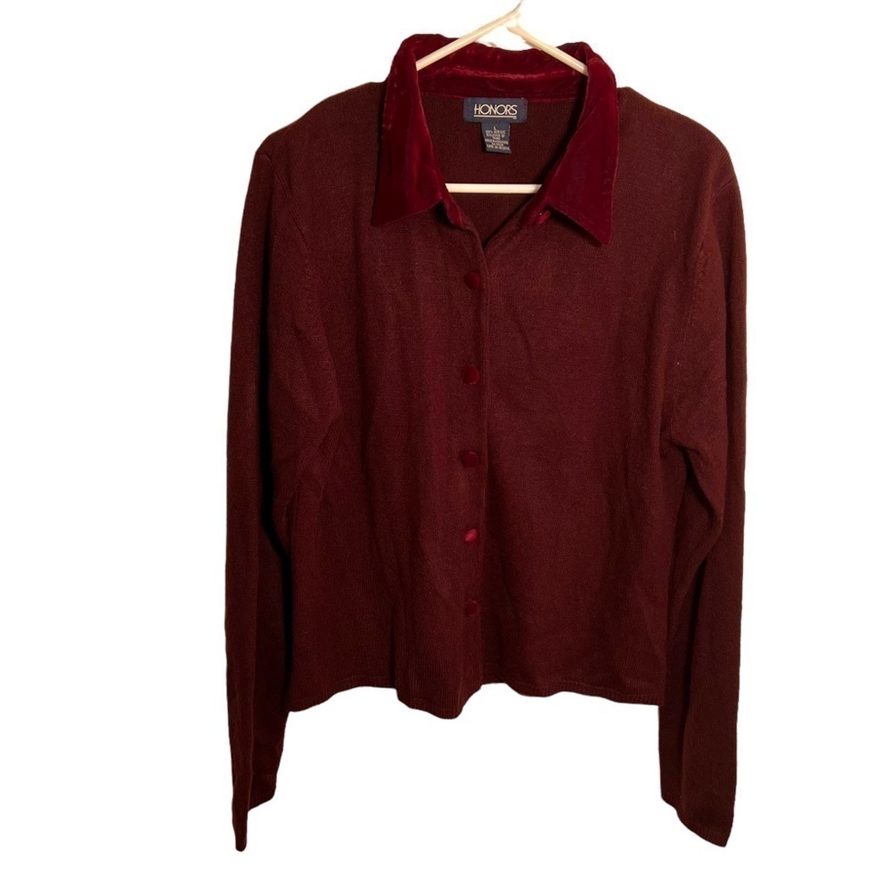 Vintage Honors Women's Size Large Cardigan Sweater Button Down Burgundy Velvet